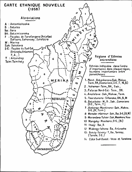 Carte ethnique de Madagascar, édition 1958 par Deschamps